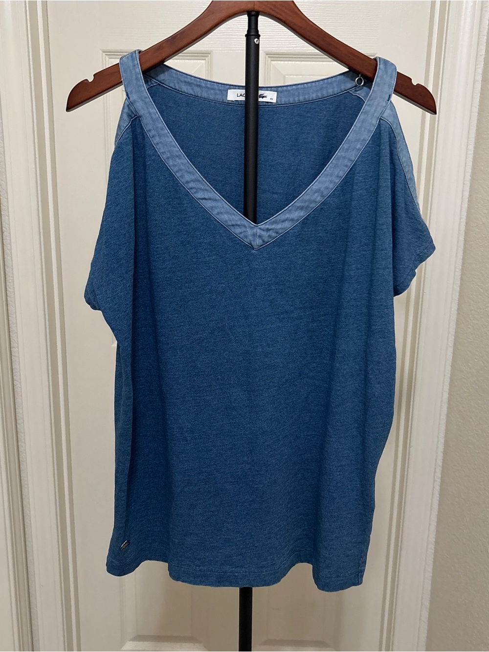 Lacoste Blue Cold-Shoulder V-Neck Tee